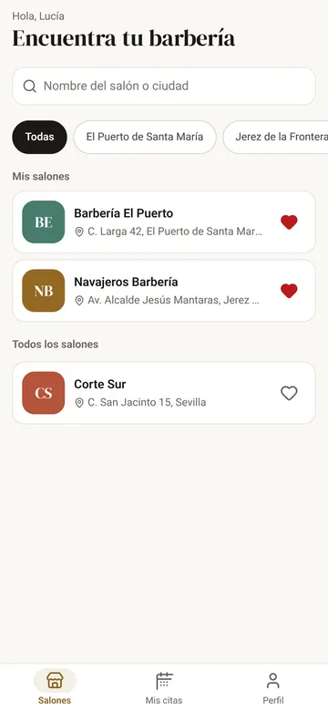 Pantalla de inicio de la app con el buscador de salones