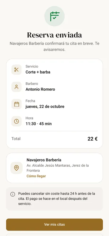 Confirmación de la cita reservada